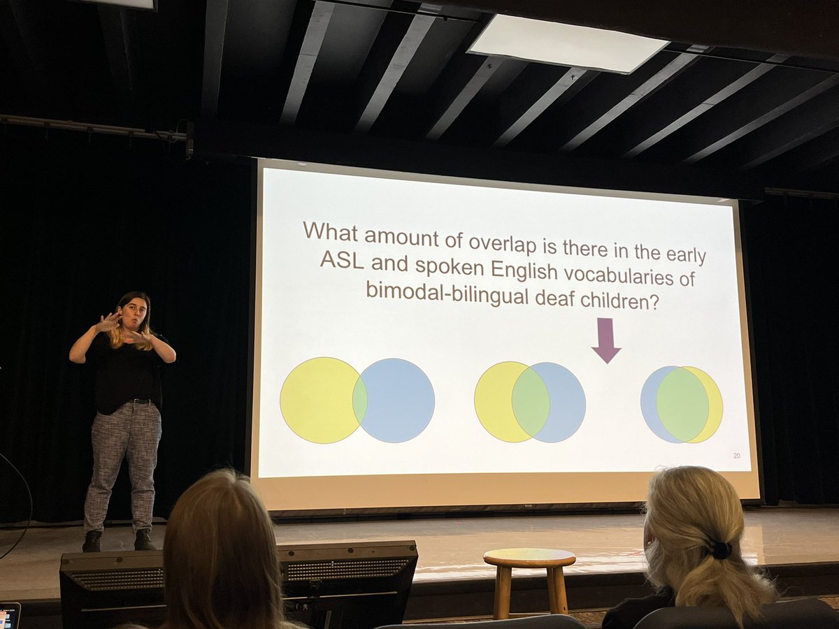 madquam's tweet photo. Great talk from @ejacobsp with Amy Lieberman, Jennie Pyers and Naomi Caselli about translational equivalents (knowing a word/concept in both languages) in bimodal bilingual deaf children’s ASL and English vocabularies! #BUCLD47 https://t.co/bsNxDxMFn6