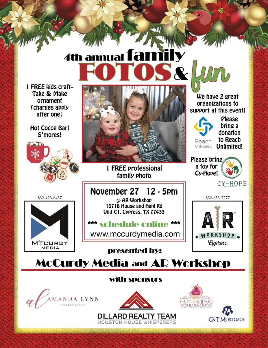 McCurdyMedia's tweet photo. HO HO HO! It is that time of year again! McCurdy Media and A/R Workshop present our 4th annual "Family, Fotos &amp; Fun" on Sunday, November 27th from 12-5pm. Come get a FREE professional photo of your family at Christmas time with a professional background! https://t.co/GBkoxRpLOJ