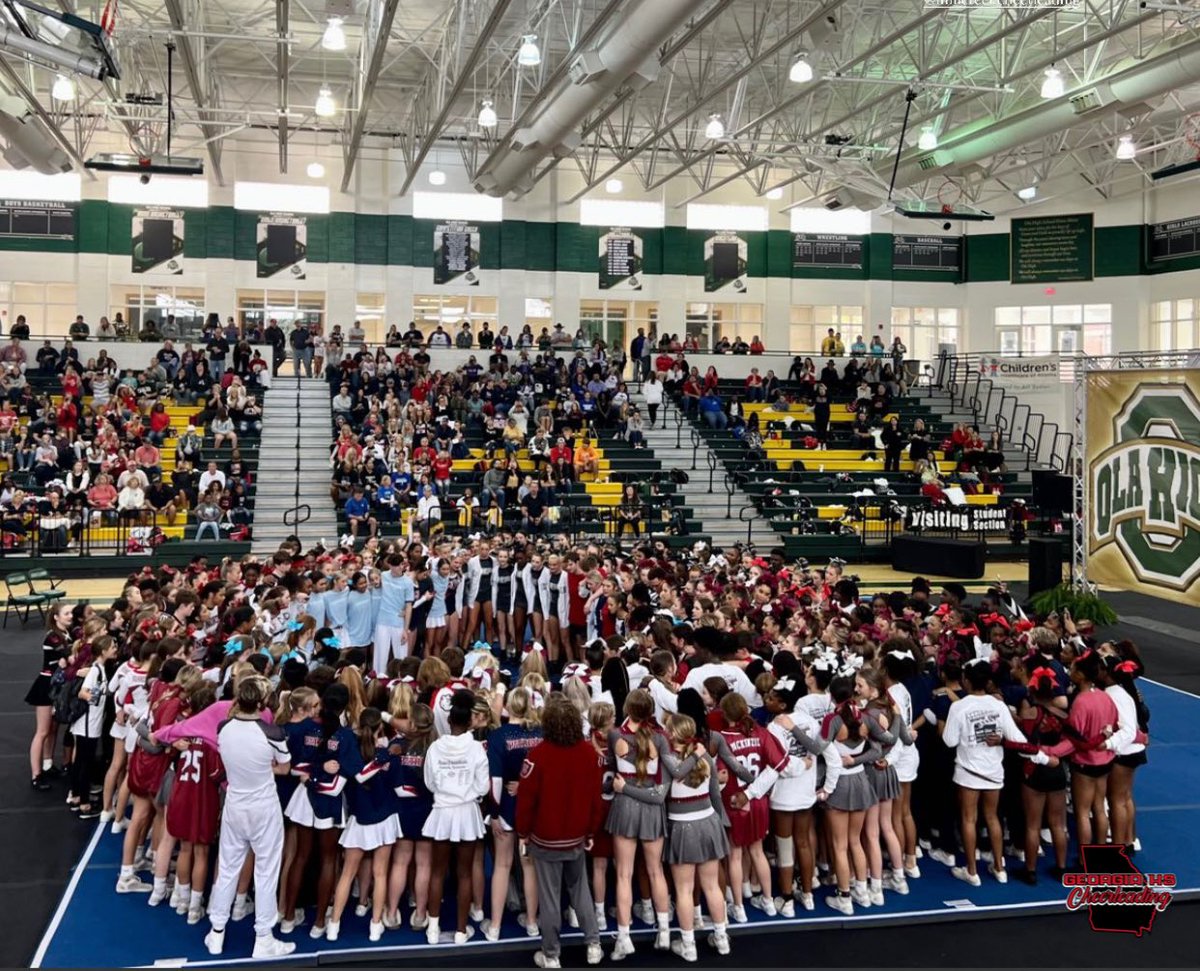 GeorgiaHSCheer's tweet image. All teams from the COED division came together today to show their support for @MillCreekCheer! 

Such a beautiful moment!  Thank you to JG Photography for the pic! 
#ghsacheer2022 #LLCP #DI4KP