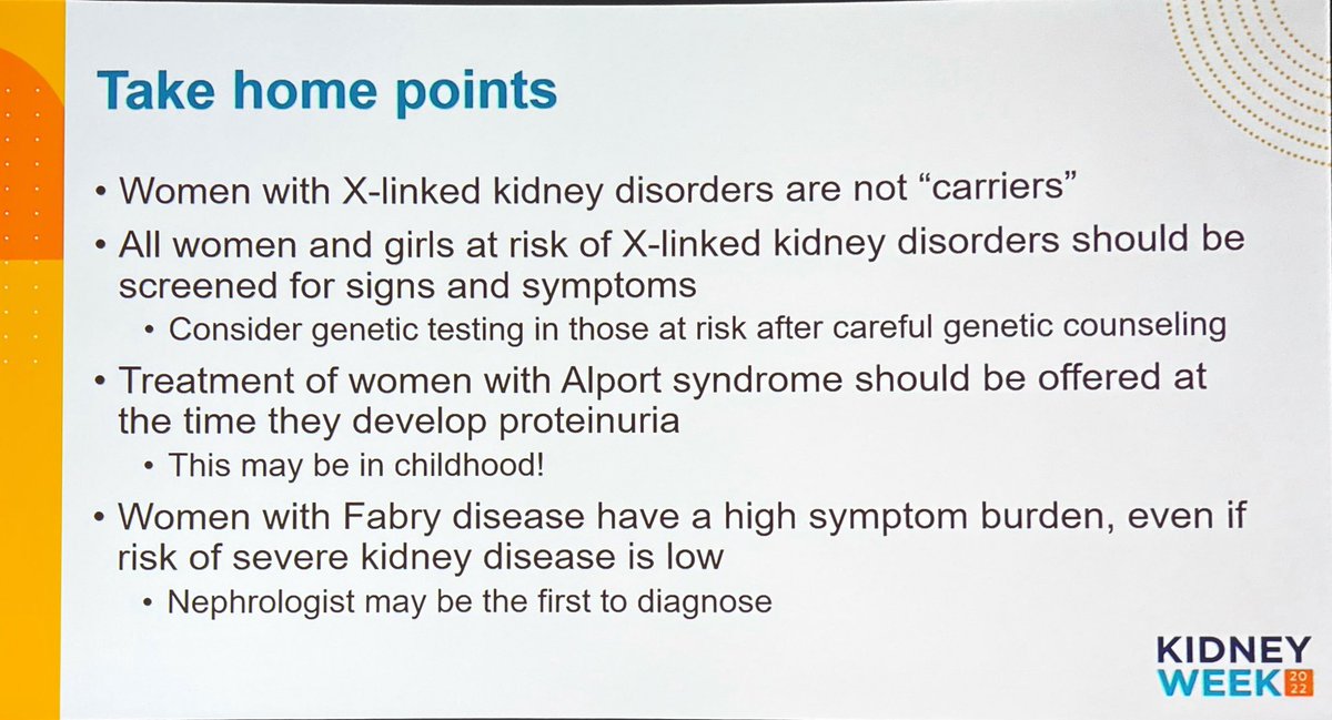 Take home points from <a href="/rheault_m/">Michelle Rheault</a> Crucially XX females are patients too and not “just” carriers. #kidneywk <a href="/womeninnephro/">Women In Nephrology</a>