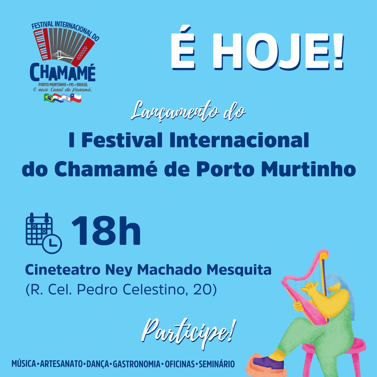 ✅ Atenção Porto Murtinho, daqui a pouco tem o lançamento do 1º Festival Internacional do Chamamé. Hoje também será marcado pela reinauguração do Cineteatro Ney Machado Mesquita!

Reúna sua família e vem para cá!