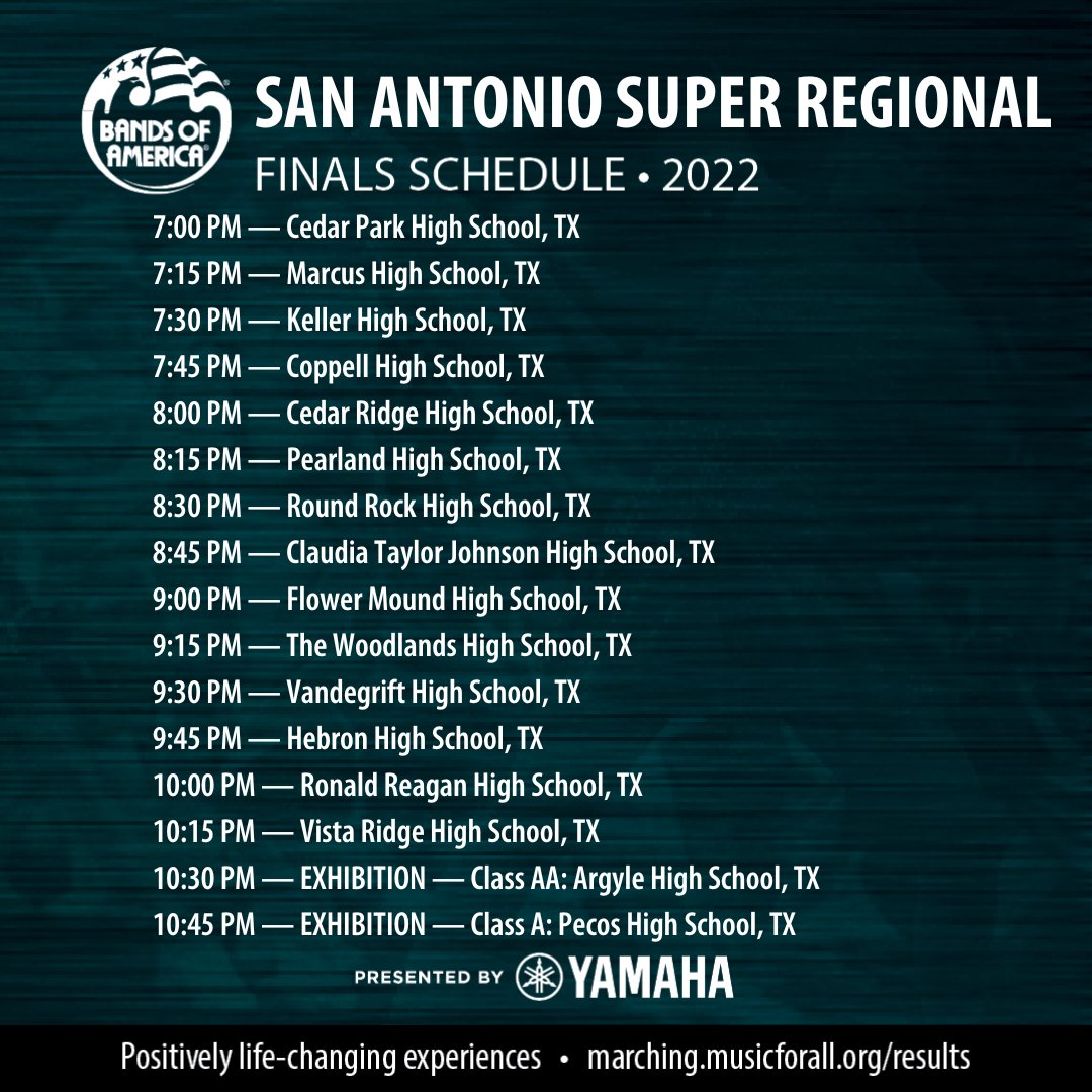 Congratulations to all performers at the 2022 Bands of America San Antonio Super Regional, presented by Yamaha! Our first finalist band will take the field tonight at 7:00 PM CT. Watch live online! #marchboa #BOA2022