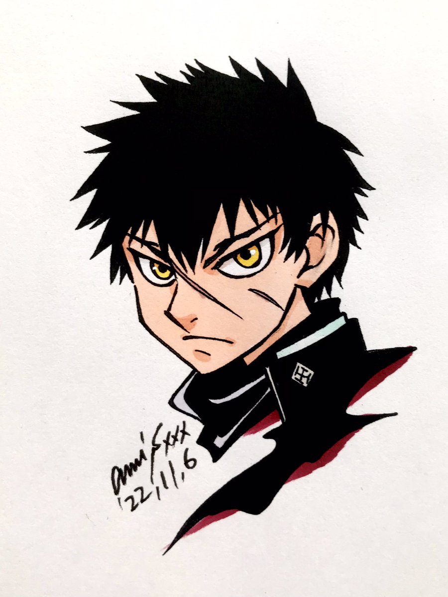 1boy male focus scar solo yellow eyes black hair signature  illustration images