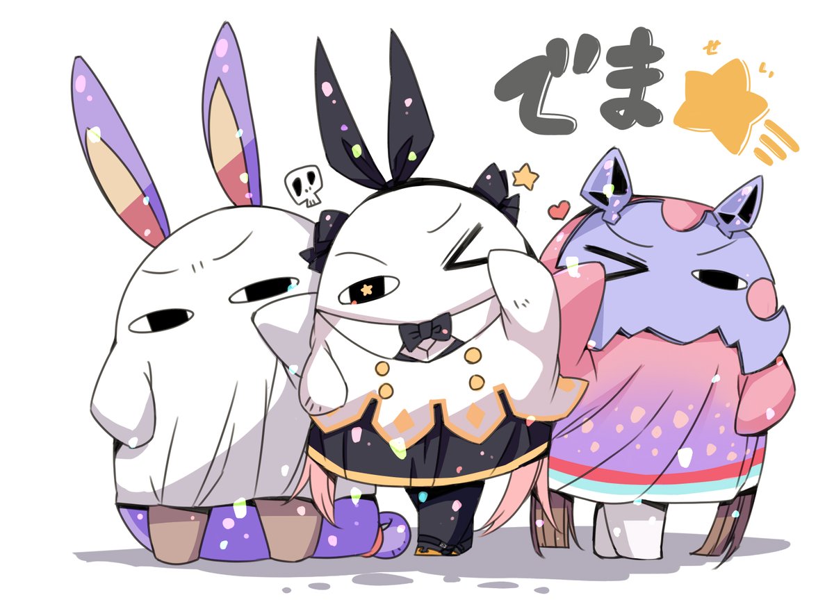 medjed (fate) ,nitocris (fate) ,nitocris (swimsuit assassin) (fate) ,osakabe-hime (fate) jackal ears cosplay one eye closed animal ears star (symbol) 3girls bow  illustration images