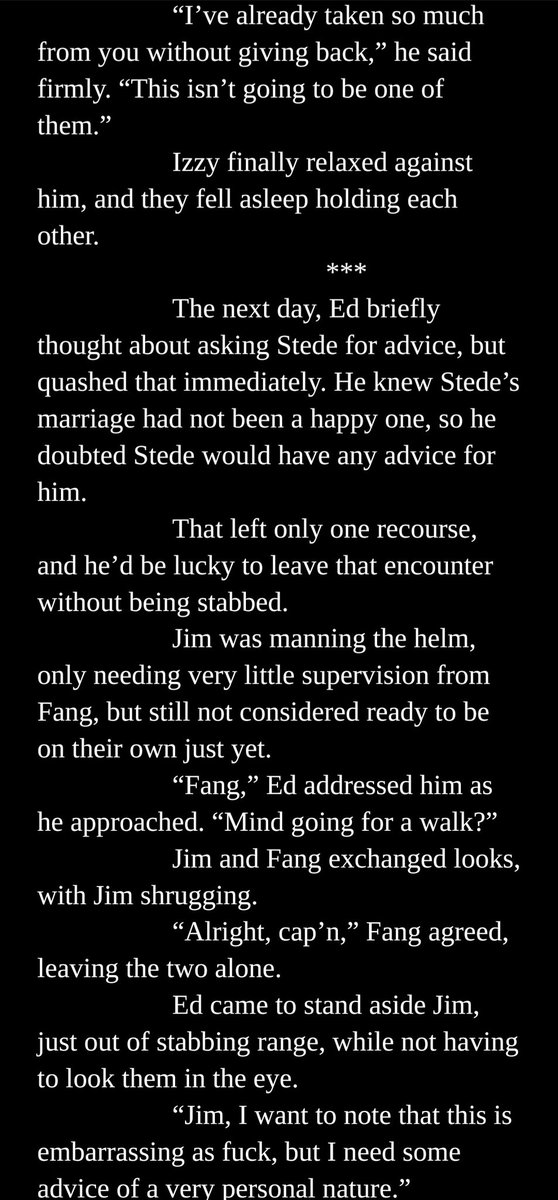 DanixUnicorn's tweet photo. #EdIzzy one-shot, incomplete, implied #SteddyHands but Stede and Izzy aren't there, yet. Instead, Ed splits his time between his two boyfriends. Trans!Izzy, Demi!Izzy, Dysphoria, past sex work. #OFMD #OFMDfics Will eventually post to AO3, checking to see if folks like it. https://t.co/RDr2l0VKbB