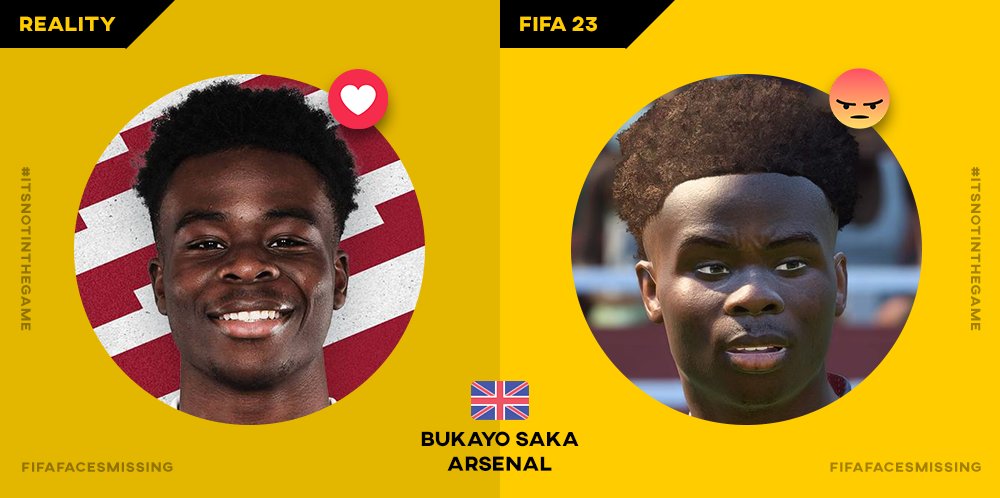 FIFAFaces4's tweet photo. FIFA 23 - Bukayo Saka
(EA should update players hair)
@EASPORTSFIFA / @EADIRECTHELP
#ITSNOTINTHEGAME #FIFAFACESMISSING https://t.co/uGQUx27d3V