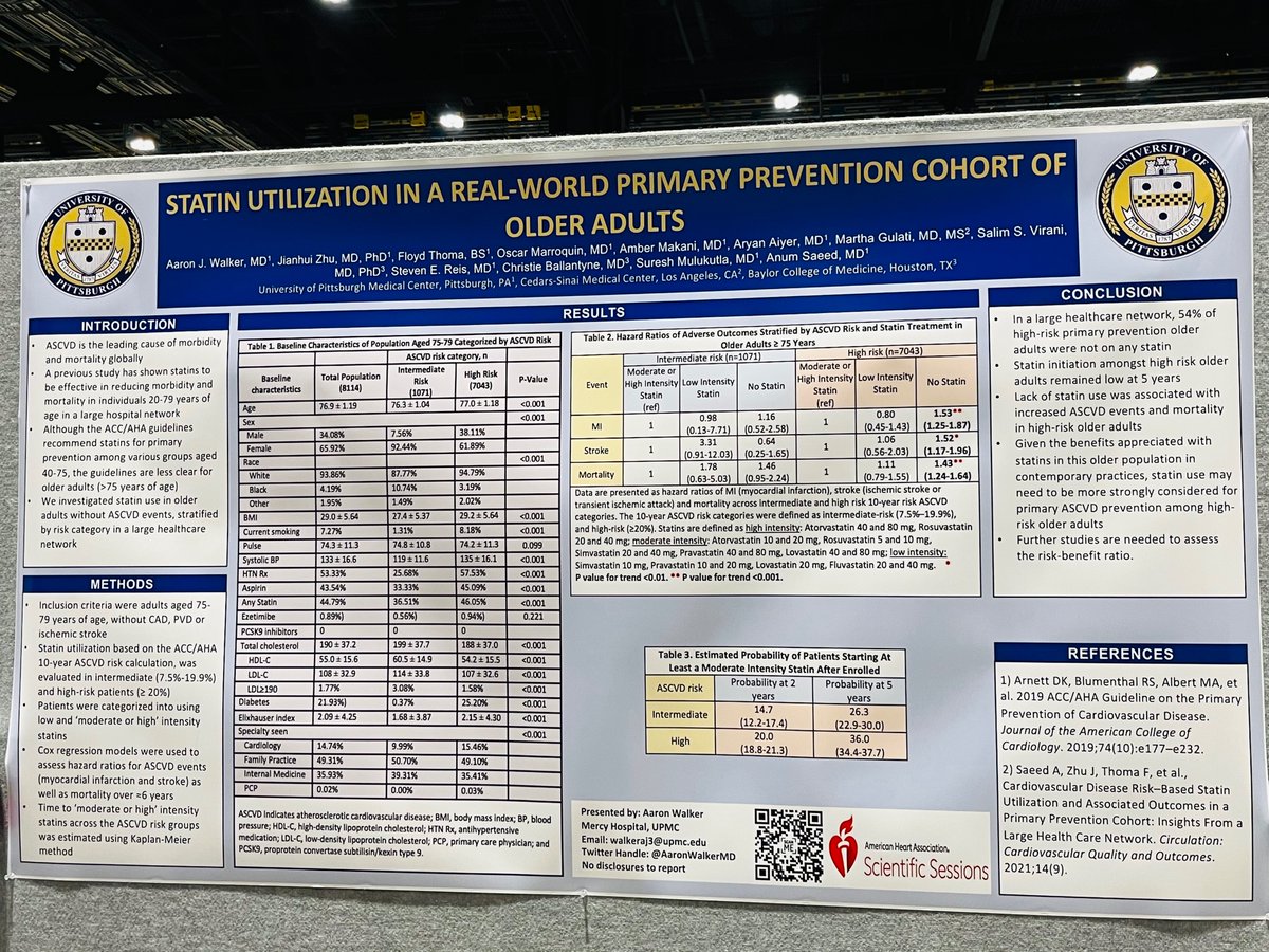 Proud mentor moment - <a href="/AaronWalkerMD/">Aaron Walker</a> presenting his work on #StatinUtilization in older adults &gt;75 years &amp; associated #ASCVD outcomes in a real world primary #cV prevention population <a href="/HviUpmc/">UPMC Heart and Vascular Institute</a> @SureshMulukutla #AHA22 #NailedIt