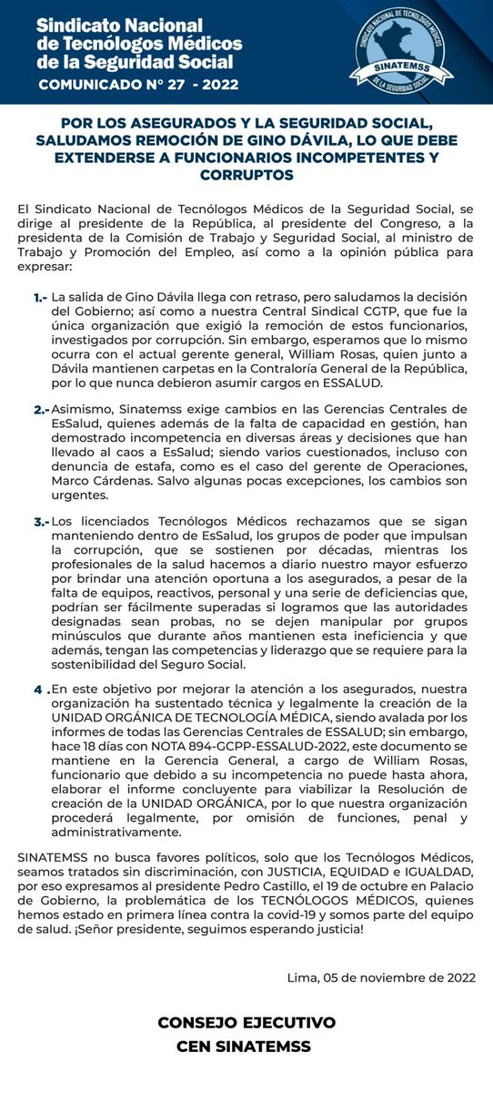 SinatemssPeru's tweet photo. #ComunicadoSinatemss 📌POR LOS ASEGURADOS Y LA SEGURIDAD SOCIAL, SALUDAMOS REMOCIÓN DE GINO DÁVILA, LO QUE DEBE EXTENDERSE A FUNCIONARIOS INCOMPETENTES. @PedroCastilloTe @anibaltorresv @Gral_Williams @sigridbazan @SalasZ_AA @cgt_peru @EsSaludPeru https://t.co/fyxEZhvDBo