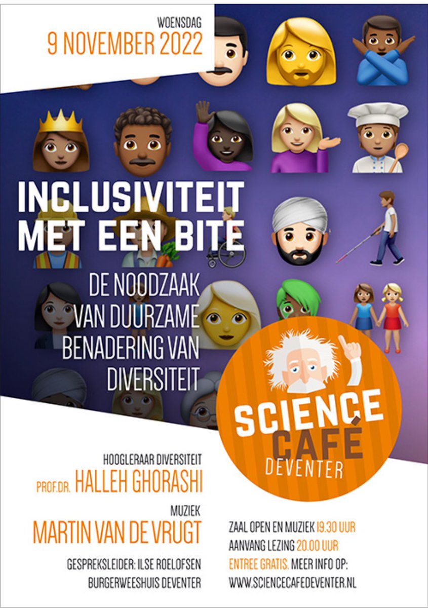 Woe 9 nov 20 uur prof.dr. Halleh Ghorashi, hoogleraar diversiteit en migratie <a href="/VUamsterdam/">Vrije Universiteit Amsterdam (inactief)</a> over waarom afgelopen decennia maatregelen voor meer inclusiviteit onvoldoende effectief waren @Burgerweeshuis Live 🎵 Martin v.d. Vrugt. Moderator: Ilse Roelofsen. sciencecafedeventer.nl