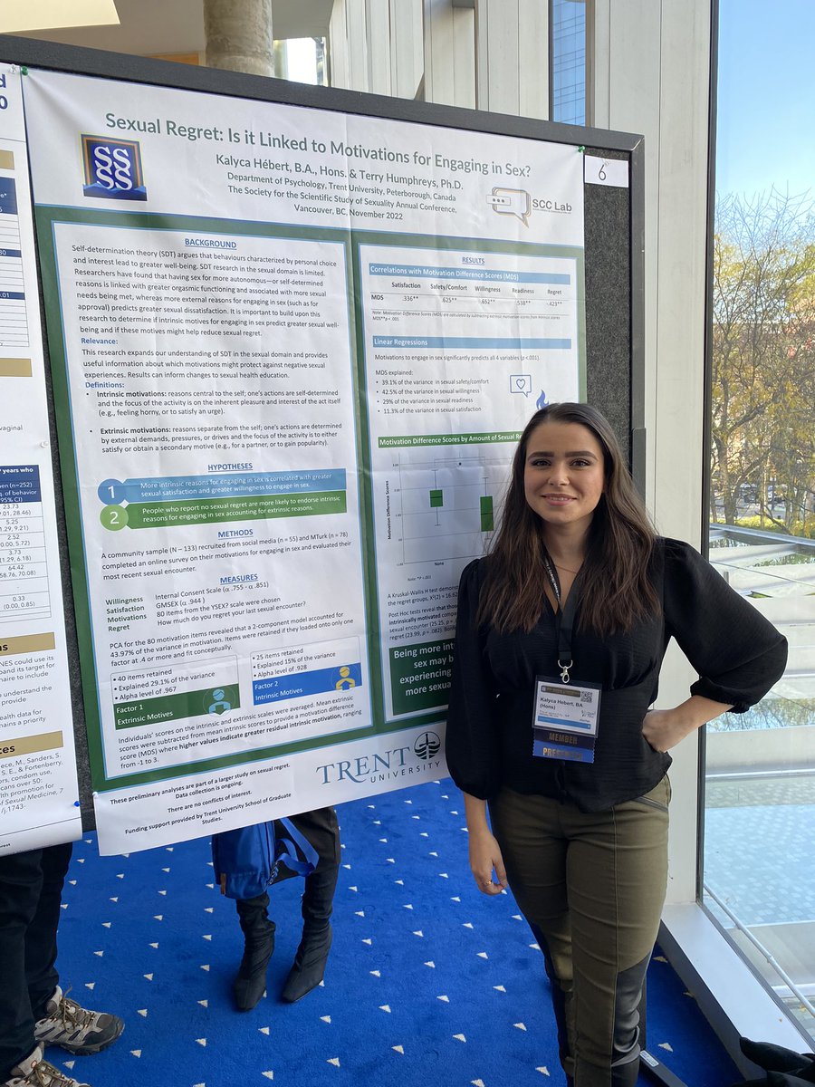 HumphreysTerry's tweet photo. My graduate student Kalyca Hebert is presenting her poster at SSSS. Great research on the link between sexual regret and motivations to engage in sex. From the Sexual Consent and Communication Lab (SCC_Lab on Instagram) Trent University, ON, Canada. #SSSS2022 https://t.co/JMK3OpD9V4