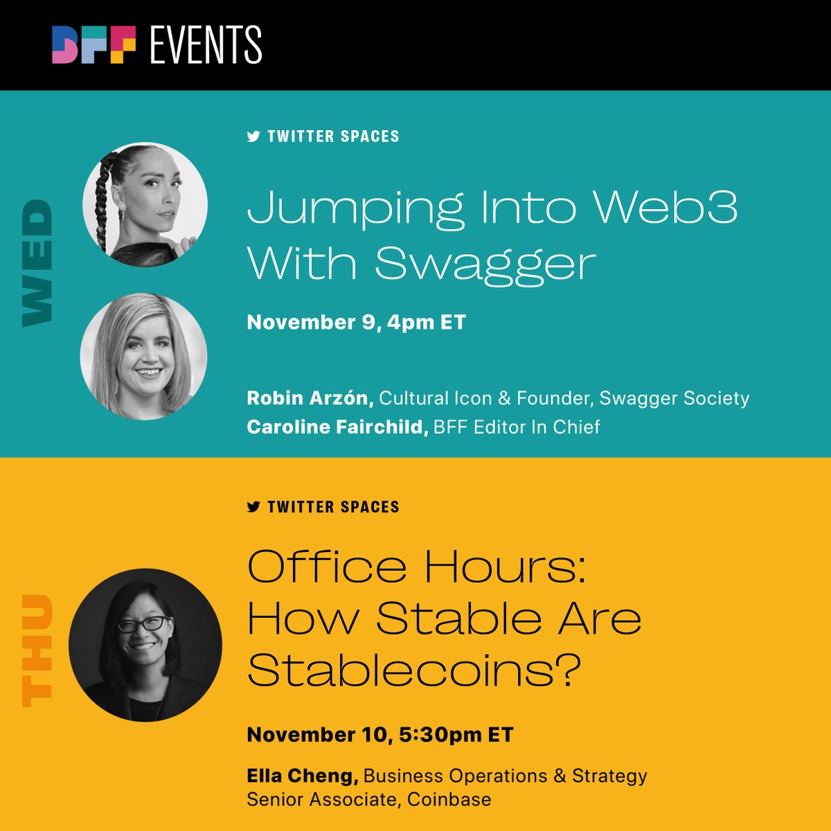 MyBFF's tweet photo. Another week, another amazing lineup! π Weβll be covering:
π Scaling your startup
π Jumping into Web3 w/ Swagger
π₯ Building your boards
π Fashion drawing & metaverse wearables
πͺ Diving into stablecoins
π Add reminders to cal: https://t.co/8rG7P7P9lt https://t.co/CqGFzbSja5
