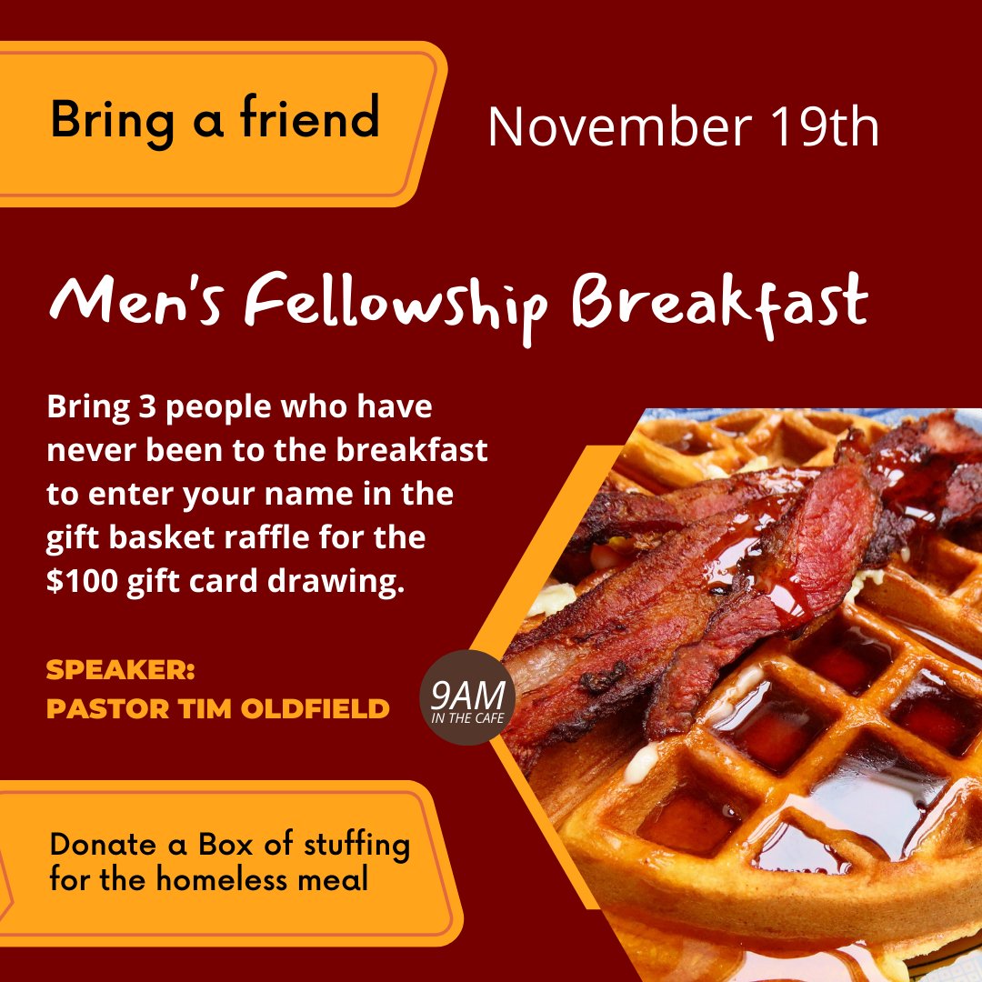 ppcog's tweet photo. You're invited to Men's Fellowship Breakfast on November 19th!
Bring 3 people who have never been to the breakfast to enter you name in the gift basket raffle for a drawing of $100 dollar gift card.
#men #mens #ministry #breakfast #fellowship #ppcog https://t.co/vXc9Uw3mxD