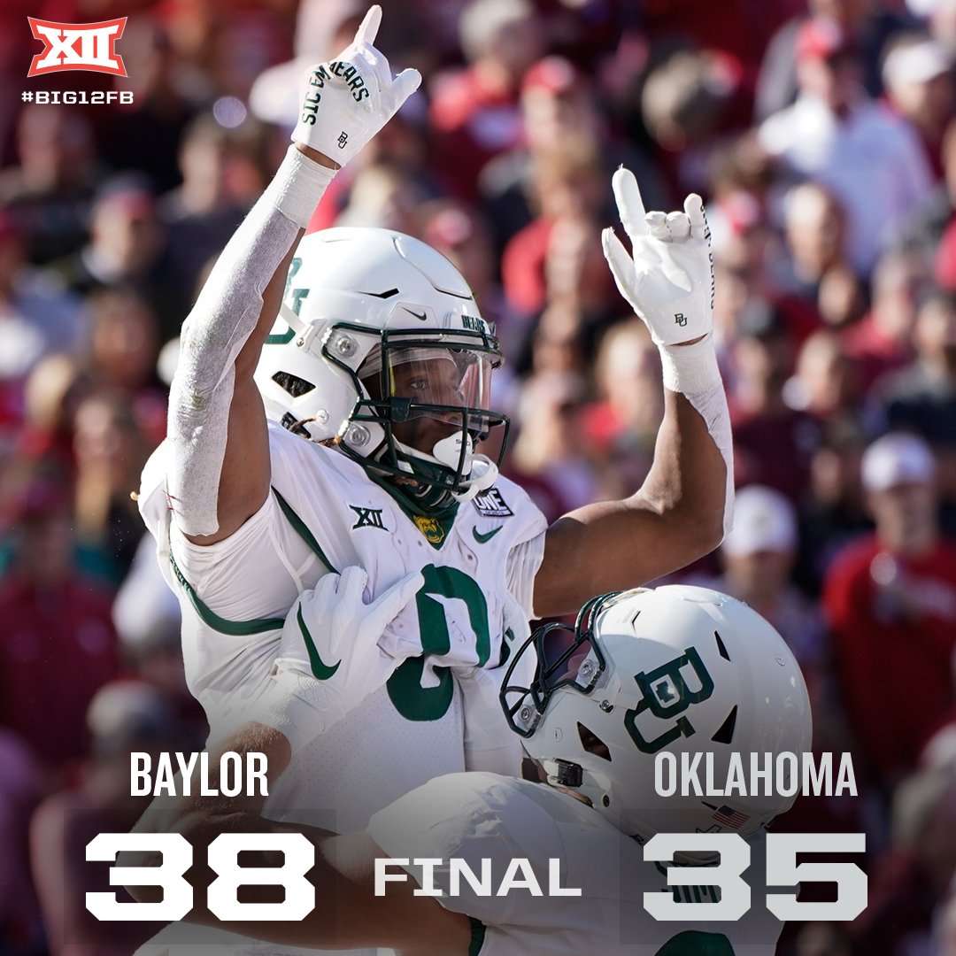 Big12Conference's tweet photo. Final score from Norman 🏈

Baylor improves to 6-3 overall and 4-2 in conference play 

#Big12FB x @BUFootball https://t.co/XIrpgHxqJL