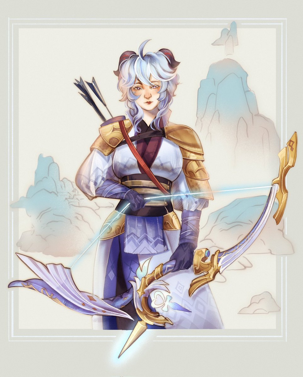 ganyu (genshin impact) 1girl bow (weapon) weapon horns holding holding bow (weapon) holding weapon  illustration images
