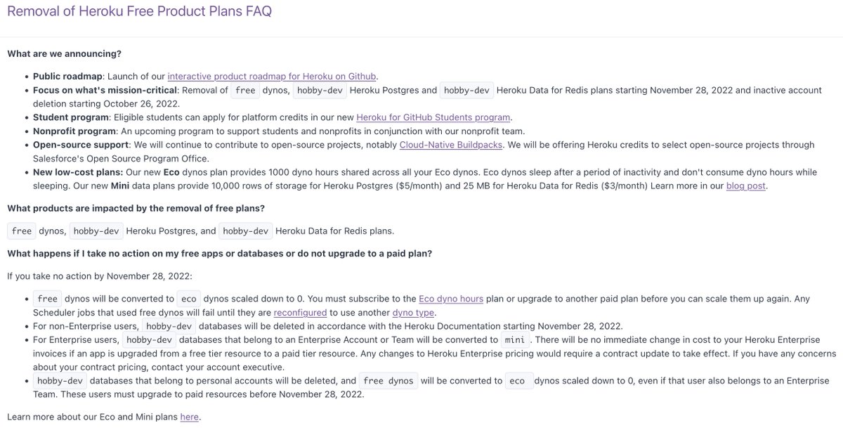 paastis_dev's tweet photo. 📆 Reminder: it is this month (nov. the 28th) that @heroku will remove their free product plans (dynos, postgres and Redis databases). ~ https://t.co/KK2HjAtyQR https://t.co/9ubkLPpFfS