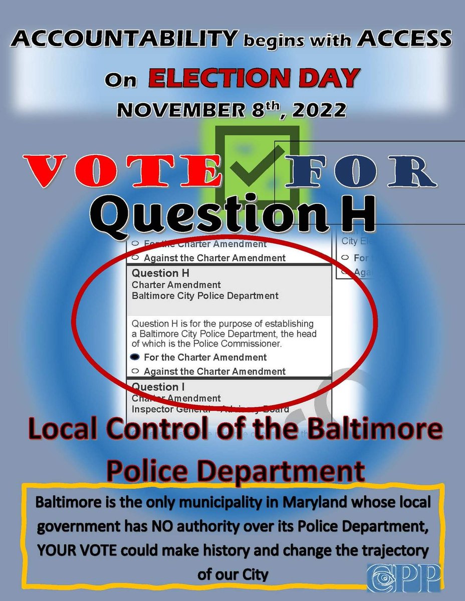 CPProject410's tweet image. Bring it Home‼️ on November 8th
@CASAforall @CPProject410 
#LocalControlofBPD
#QuestionH
#BringitHome