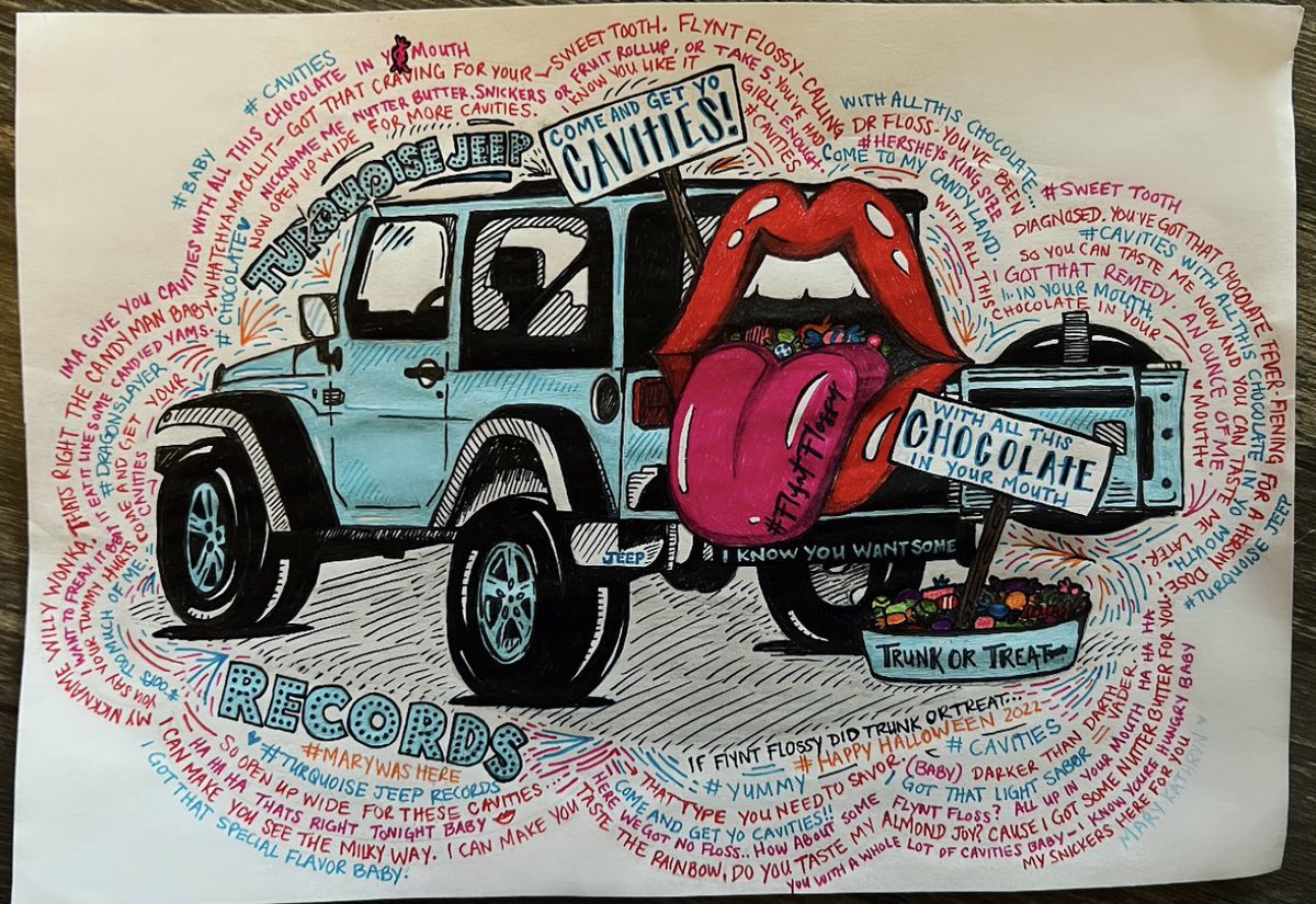 iceyelma's tweet photo. If Flynt Flossy participated in Trunk or Treat, I’d imagine he’d roll up like this.
Doodles with G2 Pilot pens.
#youcanterasepen
#cavities #TurquoiseJeep #flyntflossy #whatchyamacallit https://t.co/lu9vaY1pkr