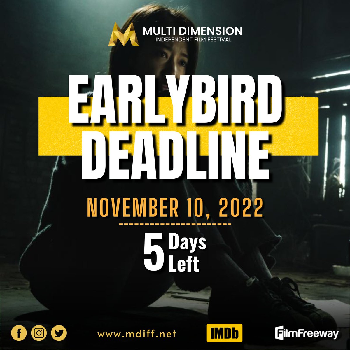 MDIFF21's tweet photo. We are just 5 days away from November Earlybird Deadline.

Submit your project exclusively via filmfreeway https://t.co/Hww42nMFZk

#mdiff #deadline #earlybirddeadline #filmfreeway #earlybird #indiefilm https://t.co/Rbnrn1nQgw