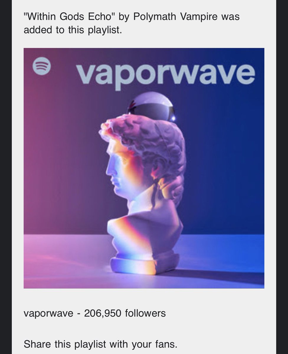 My <a href="/PolymathVampire/">Polymath Vampire</a> song “within gods echo” featuring <a href="/Donor_Lens/">Donor Lens</a> has been added to the <a href="/Spotify/">Spotify</a> vaporwave playlist.  Thanks for listening :)

open.spotify.com/track/0VDj83yl…