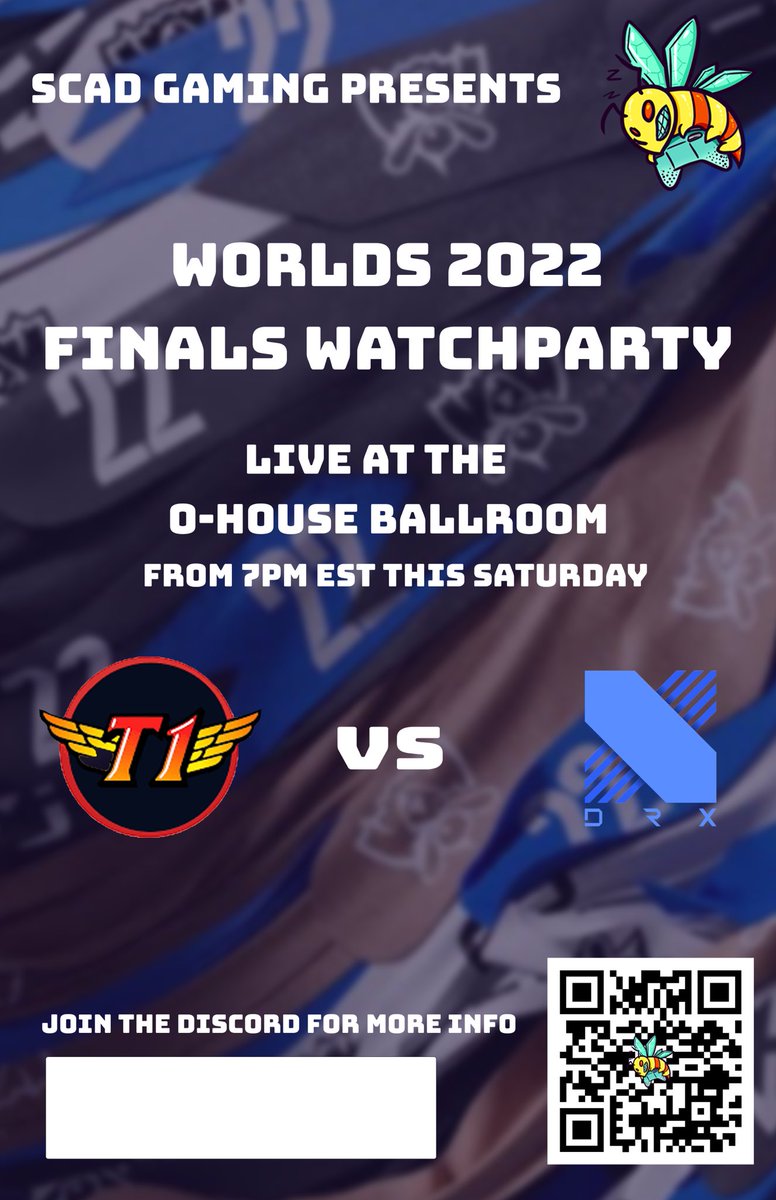 scad_gaming's tweet photo. In about 15 minutes our League of Legends Worlds 2022 finals watch party event takes place! Starting at 7pm, it’ll take place at the O-house ballroom until 11pm, after which we will host on our Discord, which you can join with the QR code below. Hope to see you there! https://t.co/qredSrUR0C