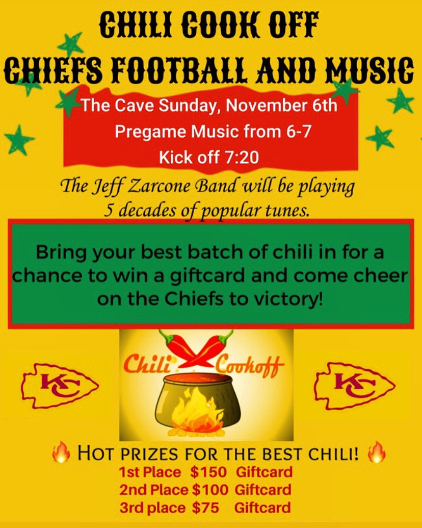 PromontoryKC's tweet image. 🌶 It’s Chili season! 🌶 

Join us in The Cave tomorrow for our first ever Chili cook off! Bring your favorite Chili dish to share with everyone for a chance to win an awesome price!  Entertainment will be provided prior to the Chiefs game and free drinks. 🏈 

♥️Go Chiefs💛