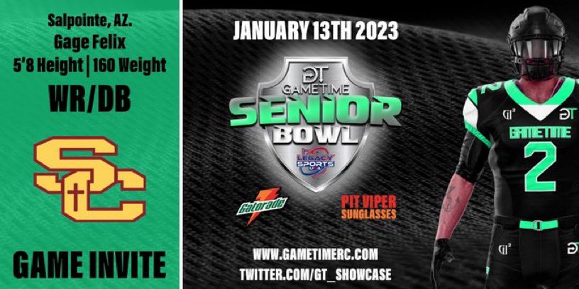Thank you <a href="/GametimeRC/">Gametime Recruiting & Consulting</a> for the opportunity to play one more game as a senior 🤙🏽 
<a href="/CoachEricRogers/">Eric Rogers</a> <a href="/SOAZFootball/">Southern Arizona Football</a> <a href="/JUSTCHILLY/">Just Chilly</a> <a href="/tyler_luskin/">Tyler Luskin</a>
