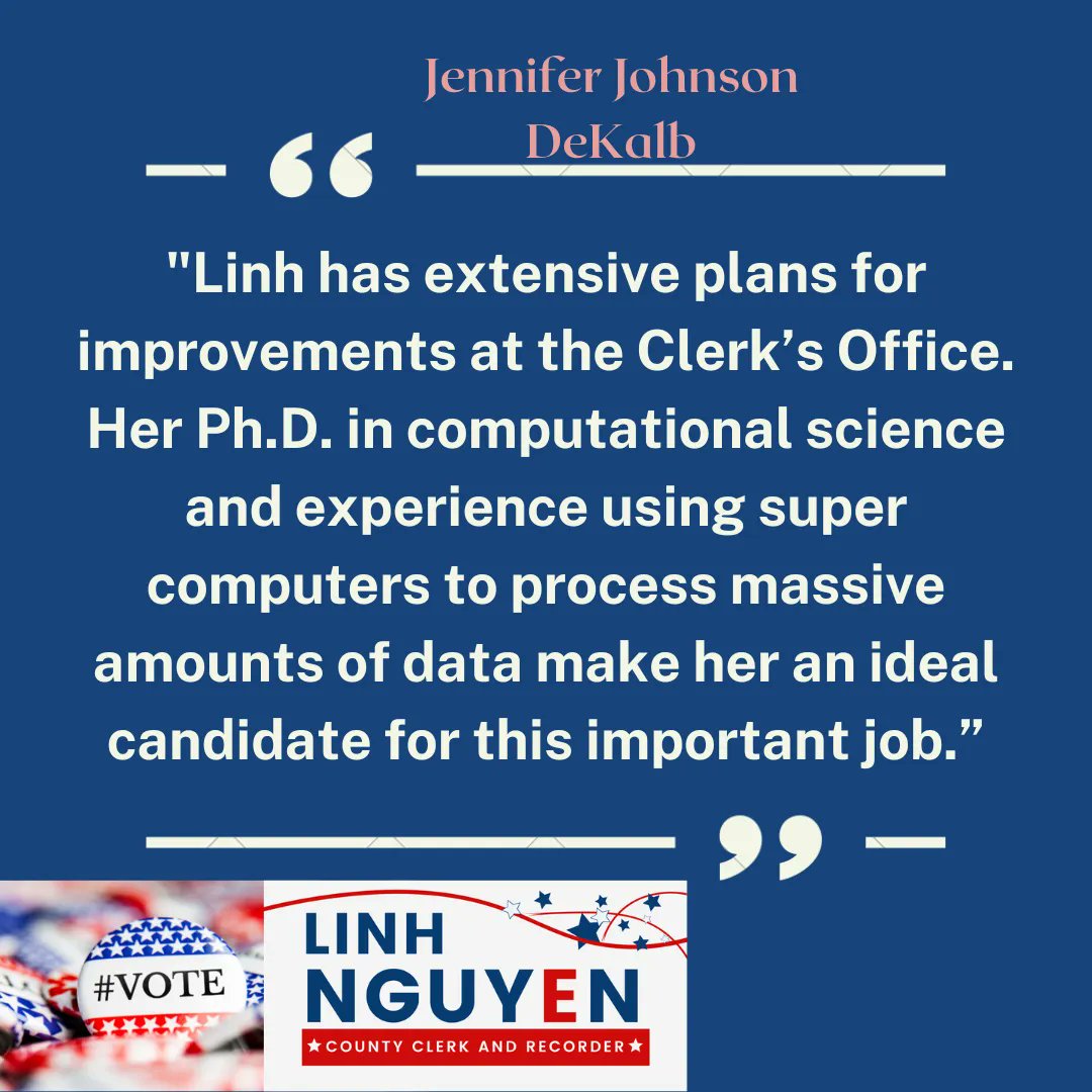 Thank you, Jennifer Johnson, for your factual letter to the editor. You can read her full letter of support for Linh Nguyen for DeKalb County Clerk and Recorder here: buff.ly/3UqD2Ss 
#winwithlinhnguyen
#sunday #dekalblife #proudlydekalb #HuskiePride #huskiesvote #midterm