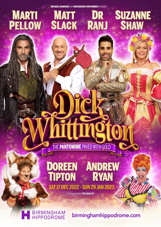 Only 42 days until Panto <a href="/brumhippodrome/">Birmingham Hippodrome</a> <a href="/martiofficial/">Marti Pellow</a> <a href="/TheMattSlack/">Matt Slack 💙</a> <a href="/DrRanj/">Ranj Singh</a> <a href="/SuzanneShaw/">Suzanne Shaw</a> <a href="/andrewryanactor/">@AndrewRyanActor</a> 🔔 🐈‍⬛ 💐