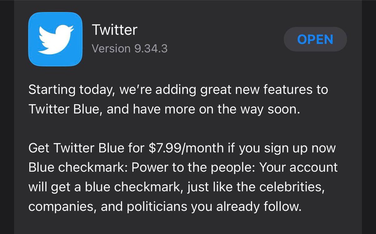 🔃 تحديث جديد لتطبيق Twitter : 
• يأتي بإشتراك Twitter Blue بسعر 7.99$ شهرياً .
• التوثيق بالعلامة الزرقاء من داخل الاشتراك
الميزة متوفرة حالياً في الولايات المتحدة وكندا وأستراليا ونيوزيلندا والمملكة المتحدة وستصل تدريجياً لباقي الدول.