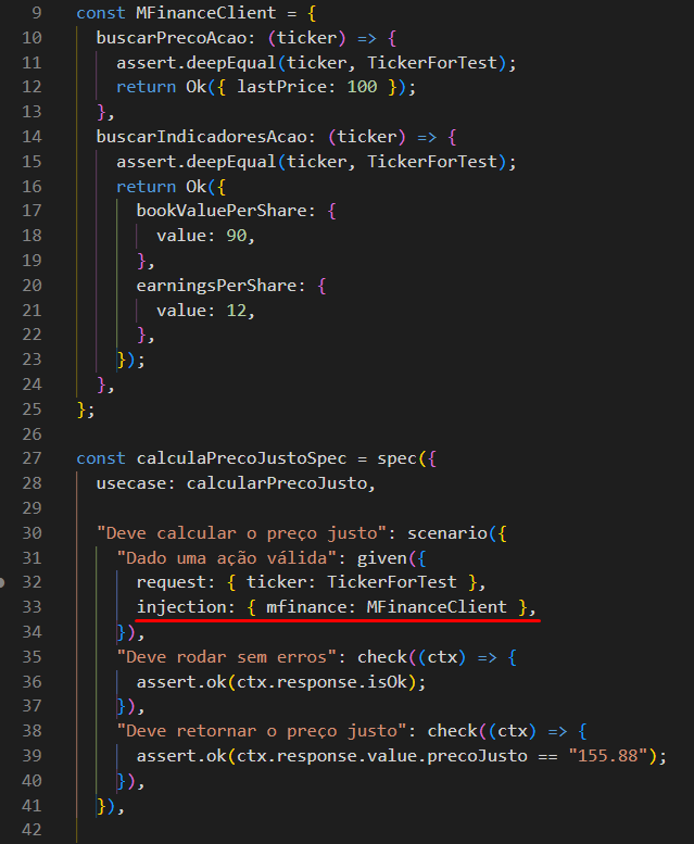 InvestimentosV's tweet photo. Os testes, como podem ver, eu faço um mock do MFinanceClient e passo pela injection.
Não estou usando Jest ou Mocha para testar, mas o Aloe, framework de testes do HerbsJs com as assertivas do node. https://t.co/4EUJzBwZRL
