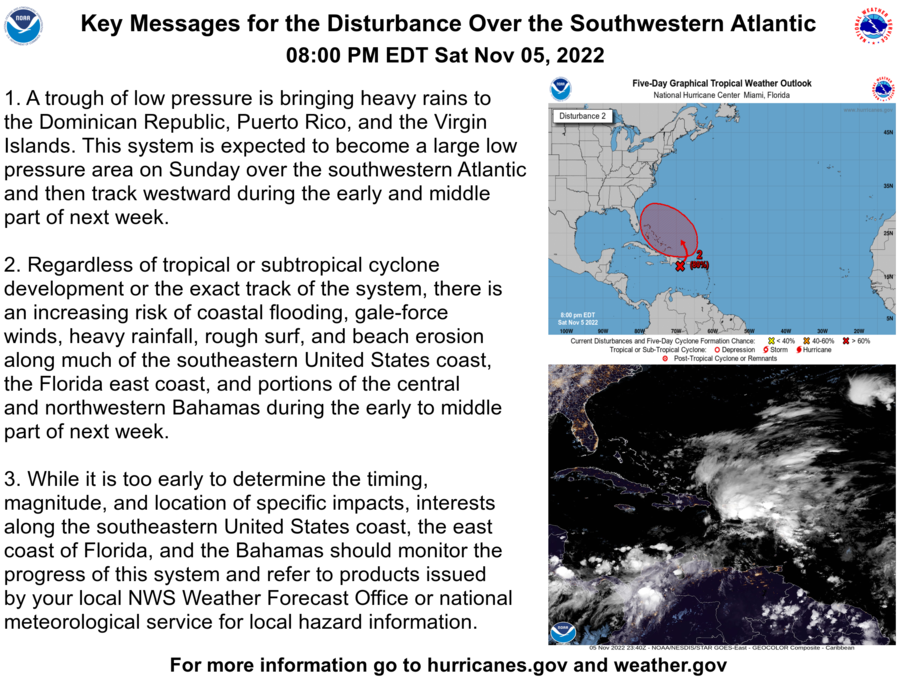 NHC_Atlantic's tweet photo. 8 PM EDT Saturday November 5: Here are latest Key Messages for the disturbance over the southwestern Atlantic. Regardless of development, there is an increasing risk for impacts along the SE U.S. coast and the east coast of Florida. For the latest info: https://t.co/tW4KeGe9uJ https://t.co/gKdlLXi8lt