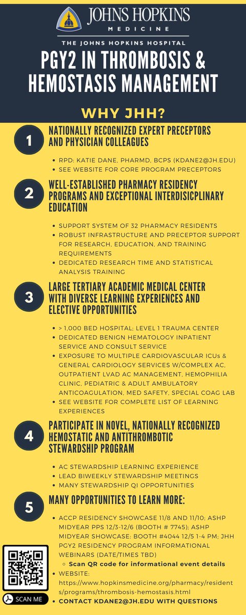 Katie Dane (@kdane_pharmd) on Twitter photo Join us at JHH as our first PGY2 Thrombosis and Hemostasis resident!!
Click QR code to view informational session details.
Website: hopkinsmedicine.org/pharmacy/resid…
Contact kdane2@jh.edu for more info Join us at JHH as our first PGY2 Thrombosis and Hemostasis resident!!
Click QR code to view informational session details.
Website: hopkinsmedicine.org/pharmacy/resid…
Contact kdane2@jh.edu for more info