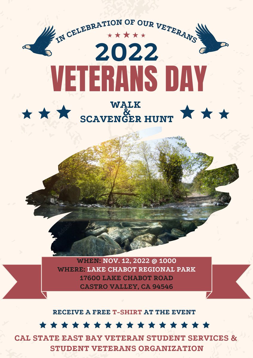CsuebSvo's tweet photo. Please join Veteran Student Services and the Student Veterans Organization next week - enjoy camaraderie, snacks, swag, games &amp; prizes!!
Saturday, 11/12/2022 - Veteran's Day Hike and Scavenger Hunt @ Lake Chabot https://t.co/IQFxEG8oUU