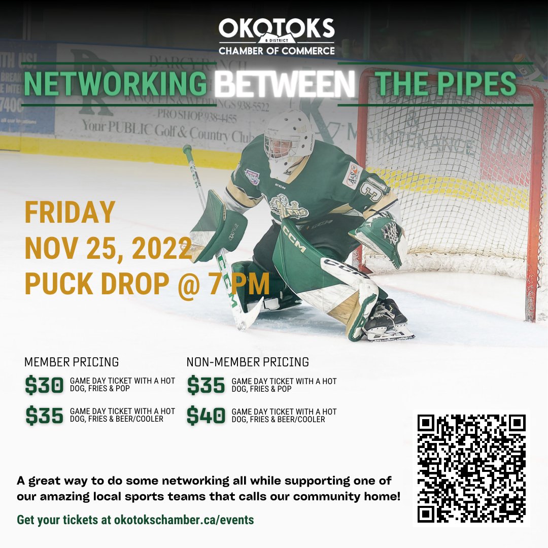 NEW Chamber Networking Event for Members &amp; Non-Members
Business Unwind - Networking between the Pipes @ the 
<a href="/OkotoksOilers/">Okotoks Oilers</a>

Friday, November 25 puck drops @ 7 pm 
Register here: okotokschamber.ca/events/details…