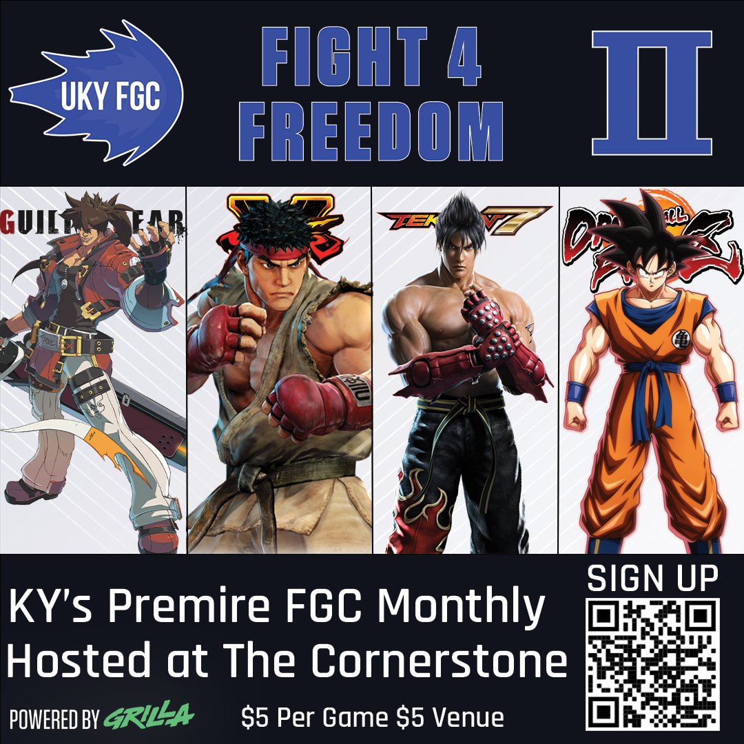 UKY_FGC's tweet photo. Fight 4 Freedom #2 is one week away! 

Come to the University of Kentucky Esports Lounge at 3pm to compete in Street Fighter, Dragon Ball FighterZ, Tekken, and Guilty Gear.

Pre-Register now at https://t.co/GYmHEfEJOU https://t.co/syHvoHLw2g