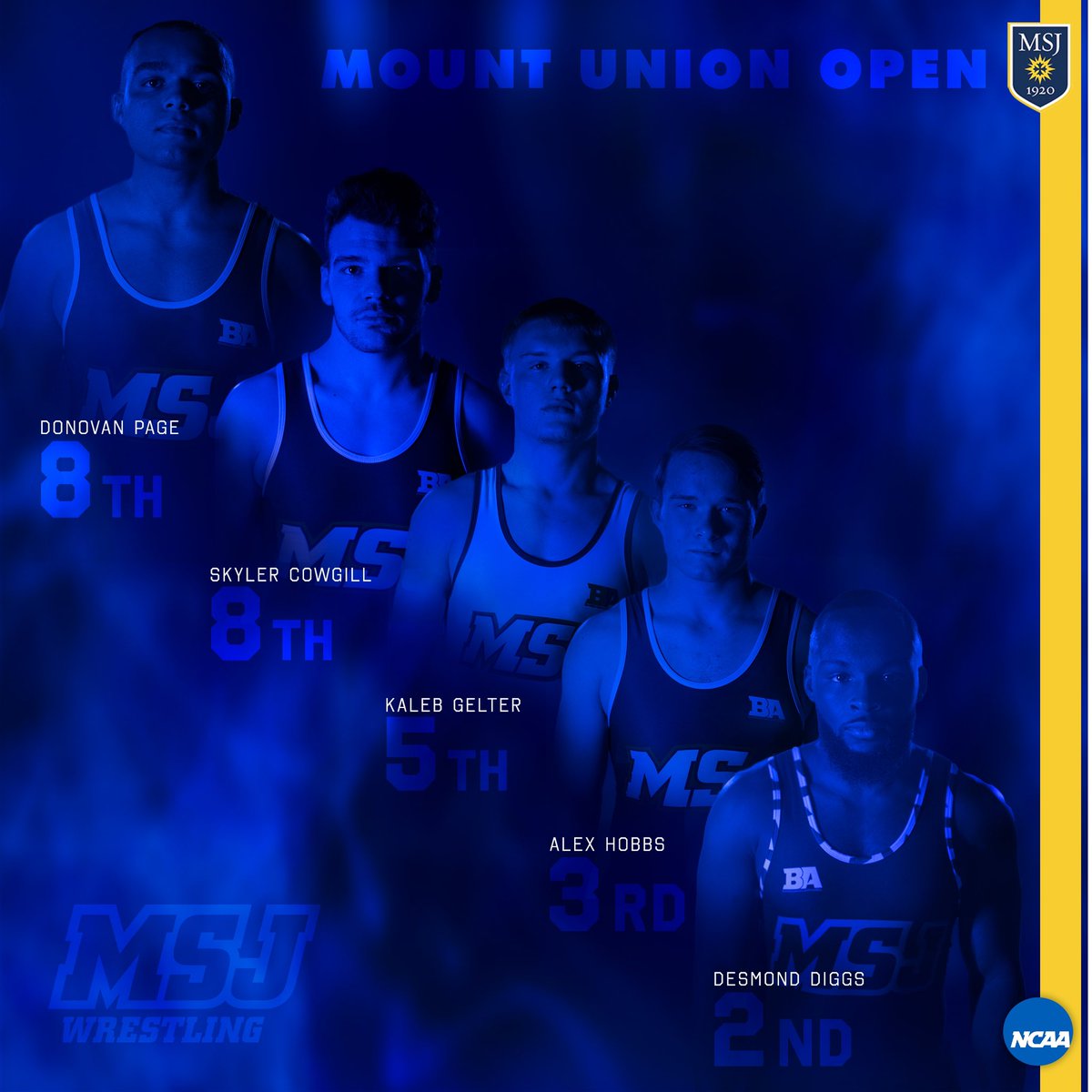 5 MSJ Wrestlers Placed at the Mount Union Invitational today in Alliance, OH.

Donovan Page (Junior) 8th
Skyler Cowgill (Junior) 8th
Kaleb Gelter (Sophomore) 5th
Alex Hobbs (Sophomore) 3rd
Desmond Diggs (Junior) 2nd

#MountUp #EarnIt