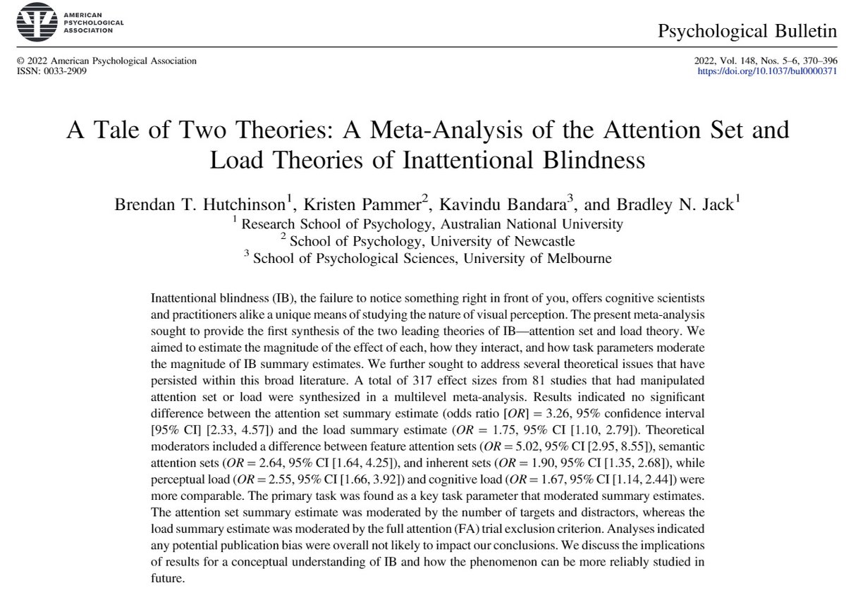 Brendan Hutchinson (@b_hutchy) on Twitter photo New paper, published in Psychological Bulletin: a meta-analysis on inattentional blindness! Thank you co-authors <a href="/PammerProf/">Prof Kristen Pammer</a>, <a href="/BandaraKH/">Kav Bandara</a>, and <a href="/BradleyNJack/">Bradley N. Jack</a> New paper, published in Psychological Bulletin: a meta-analysis on inattentional blindness! Thank you co-authors <a href="/PammerProf/">Prof Kristen Pammer</a>, <a href="/BandaraKH/">Kav Bandara</a>, and <a href="/BradleyNJack/">Bradley N. Jack</a>