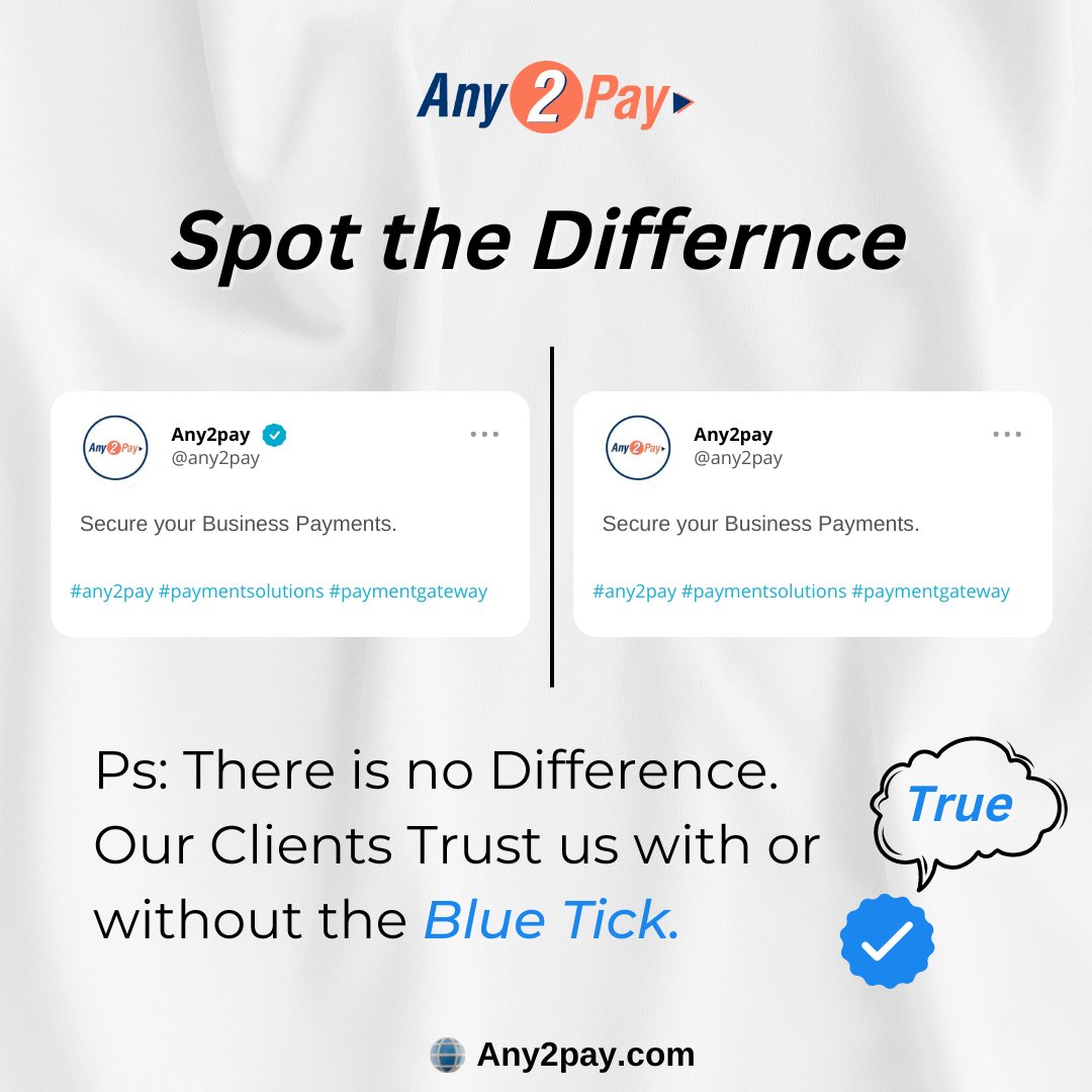 any2pay's tweet image. We are Most Trustable Payment gateway service in India.
We don&apos;t require to prove our Trust through just Blue Tick.

Visit Our website any2pay.com

#ElonMuskBuyTwitter 
#ElonMusk #paymentsolutions 
#blueTick #Twitter #paymentgateway