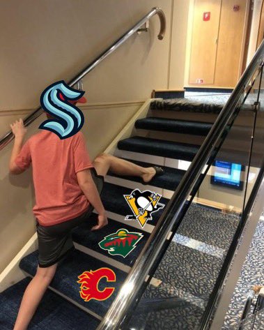 Meme Person going up stairs and skipping stairs that have Calgary, minnesota and Pittsburgh logos on em