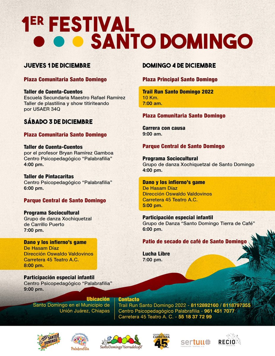 ¡Nos complace anunciar nuestra participación en el 1er Festival Santo Domingo 2022! 🎉

Presentando "Dano y los Infierno's Game" de Hasam Díaz, con Dirección de Oswaldo Valdovinos ¡Nos vemos allá! 🎭♥️

#RompiendoFronteras #Carretera45 | #FestivalSantoDomingo | #SERTULL | #RECIO
