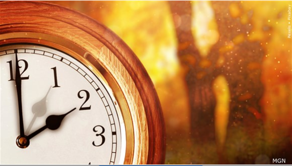 DAYLIGHT SAVING TIME ENDING:
Daylight saving time is out, standard time is in this weekend.
Standard time begins at 2 a.m. local time Sunday and lasts until March 12.
