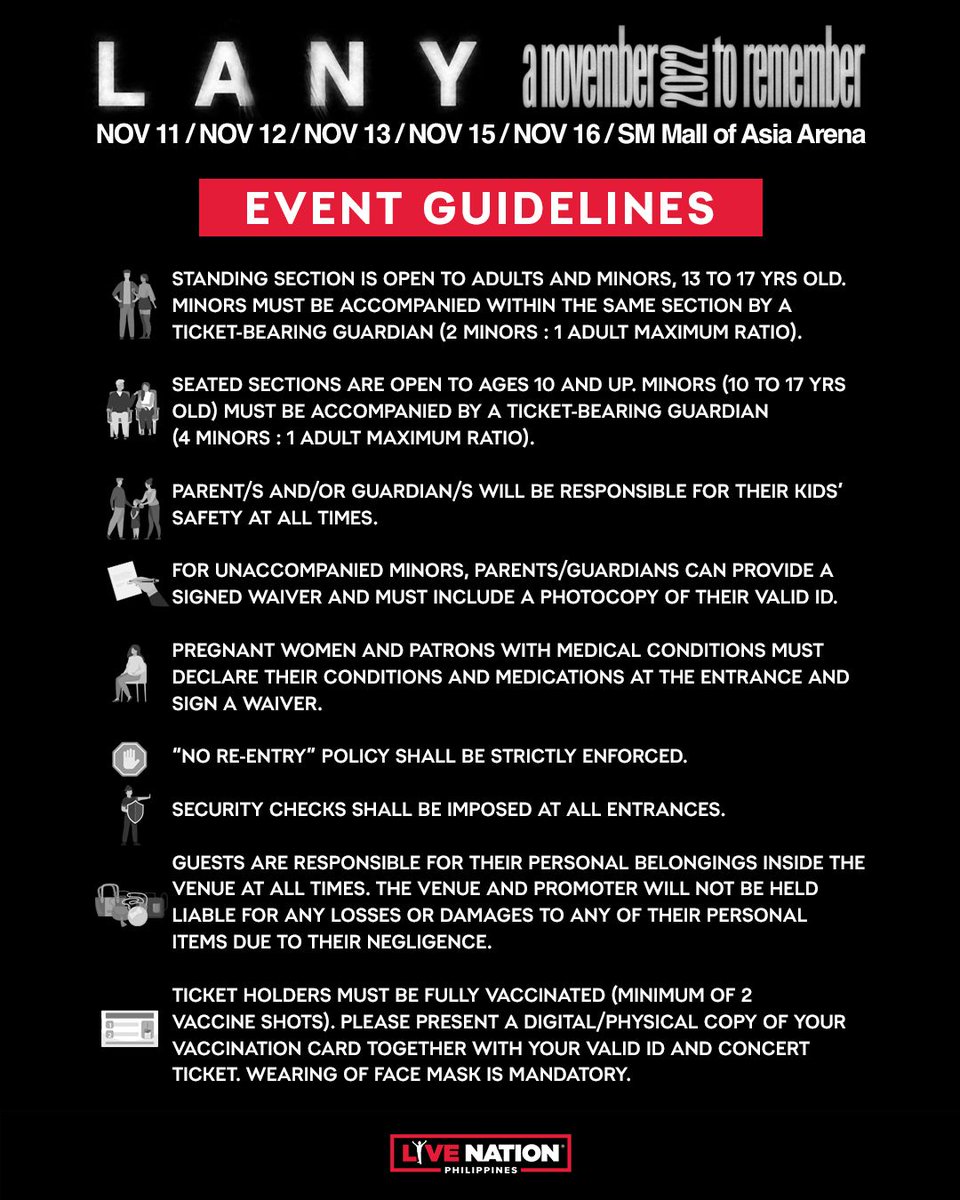 livenationph's tweet photo. Five days left 'til LANY's "a november to remember" tour in Manila!
Check out the prohibited items and event guidelines below.
Waivers are available upon entry at the venue, or you may download them here: https://t.co/PQbcSMr6Do
#ANTRManila
#BackToLive https://t.co/zTyAJLRya8