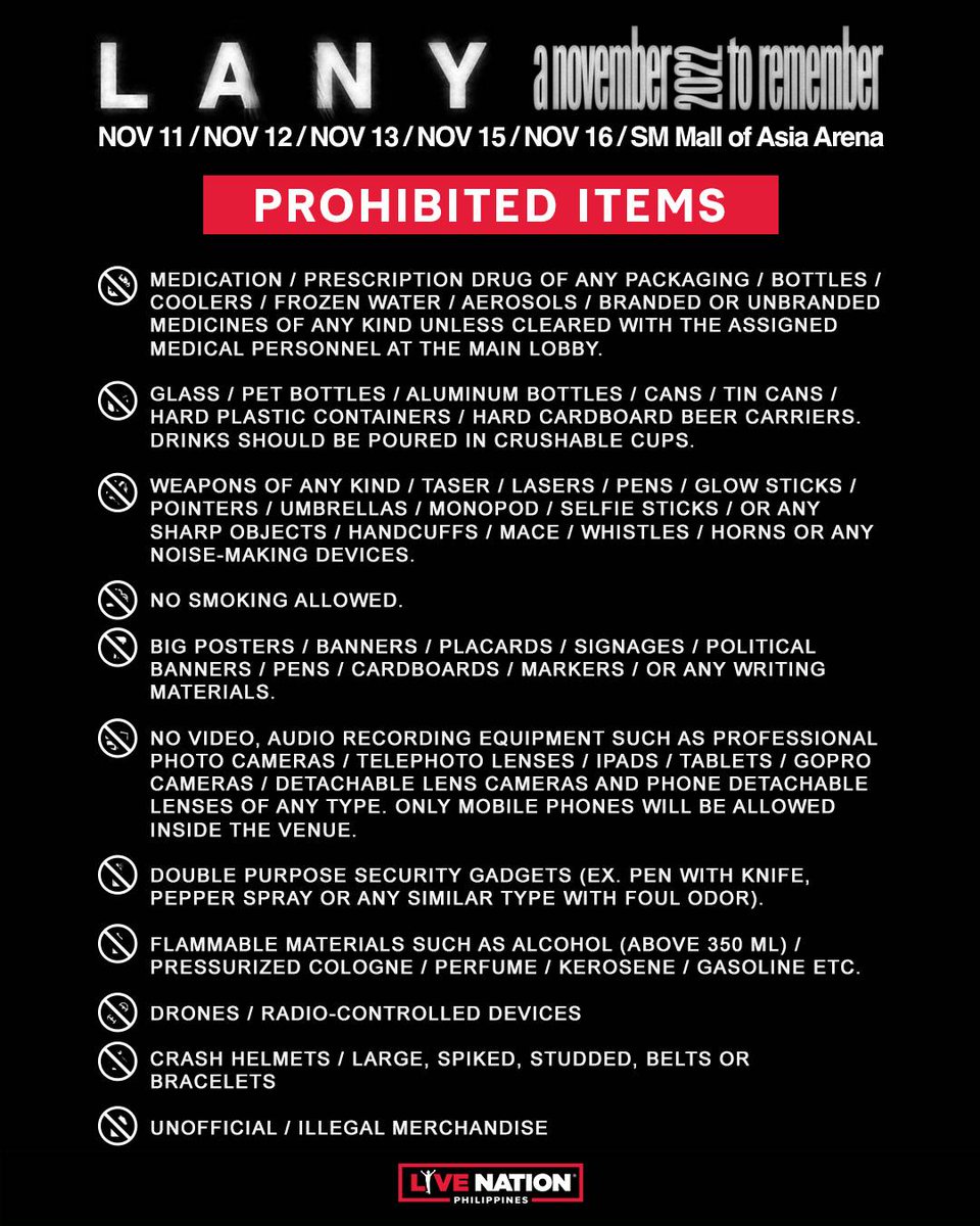 livenationph's tweet photo. Five days left 'til LANY's "a november to remember" tour in Manila!
Check out the prohibited items and event guidelines below.
Waivers are available upon entry at the venue, or you may download them here: https://t.co/PQbcSMr6Do
#ANTRManila
#BackToLive https://t.co/zTyAJLRya8