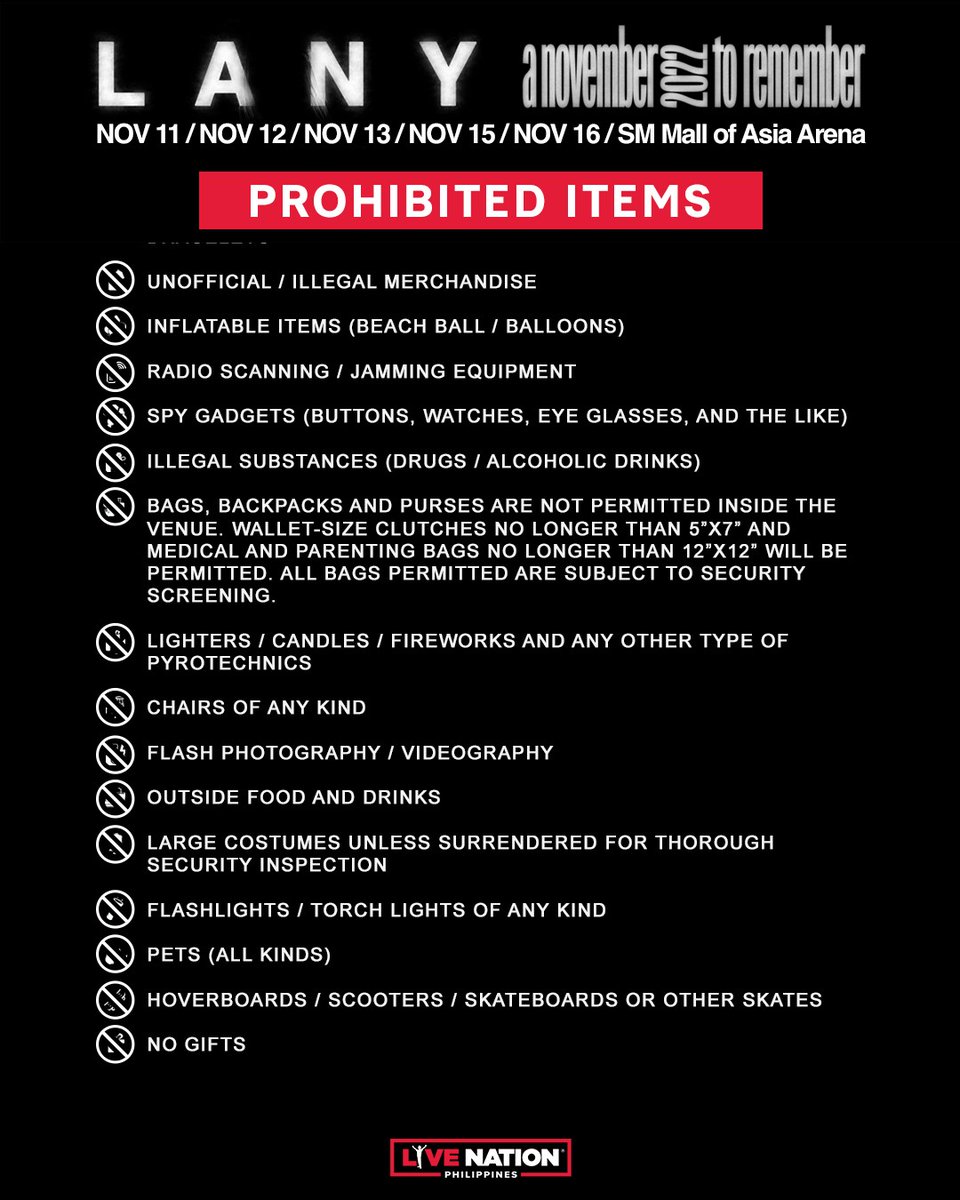 livenationph's tweet photo. Five days left 'til LANY's "a november to remember" tour in Manila!
Check out the prohibited items and event guidelines below.
Waivers are available upon entry at the venue, or you may download them here: https://t.co/PQbcSMr6Do
#ANTRManila
#BackToLive https://t.co/zTyAJLRya8