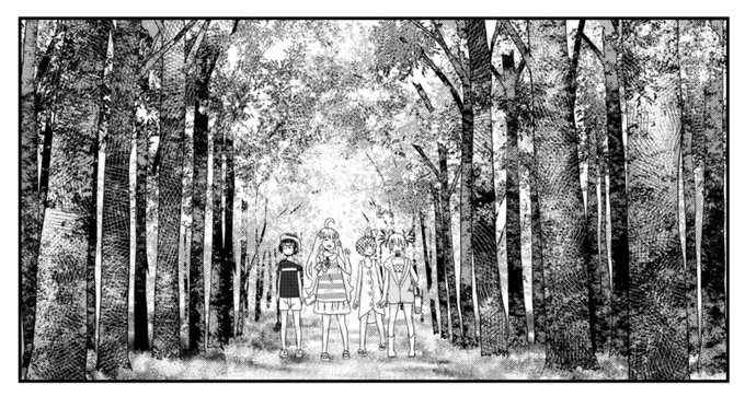 これは、もいろみ氏の『ぱち☆』の背景。
これもデフォの枝葉ブラシや砂目ブラシ、カケアミなどとパース定規で描いてる。
こういうのアナログだったらきっとできるようにならなかったろうなと思うので本当にパソコンは手放せない。(h 