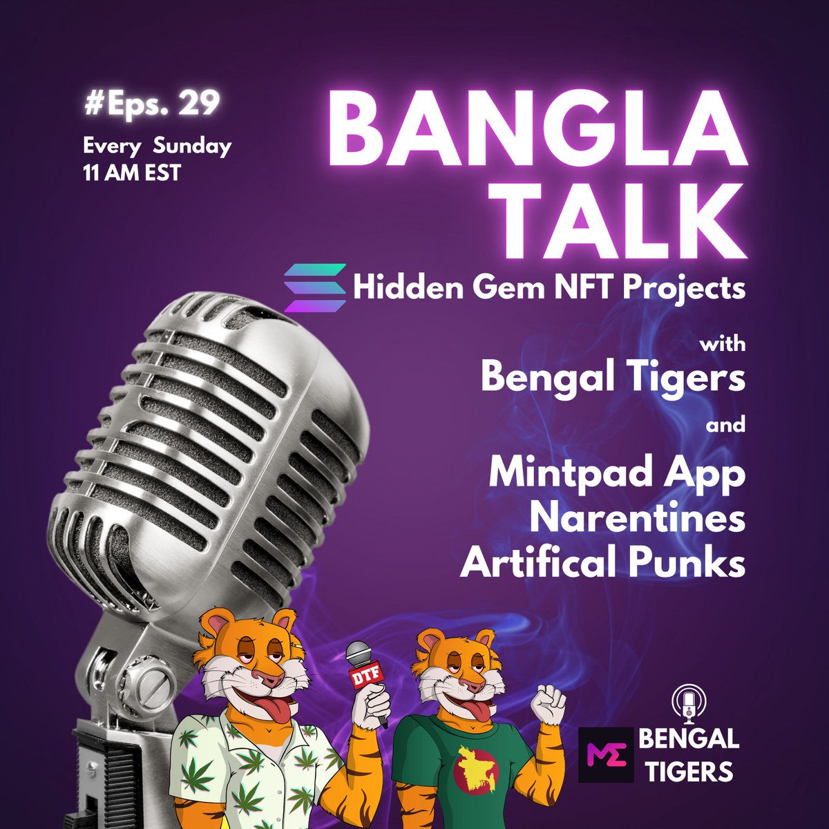 protheonlabs's tweet photo. 🎙Bangla Talk #29 &amp; LIVE NFT GIVEAWAY

Amazing lineup for Sunday’s AMA 🚀

🎁 2 Winners - 2 Bengal Tigers
✅ Follow &amp; RT
✅ Join Live: https://t.co/SRJZzvK7Qa

Invited Speakers:
✅ @narentines 
✅ @PunksArtificial 
✅ @MintpadAPP https://t.co/Pcp2FBzyu0