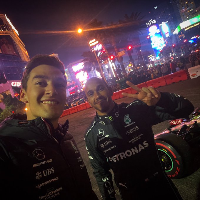 GEORGE RUSSELL TAKING A SELFIE WITH LEWIS HAMILTON