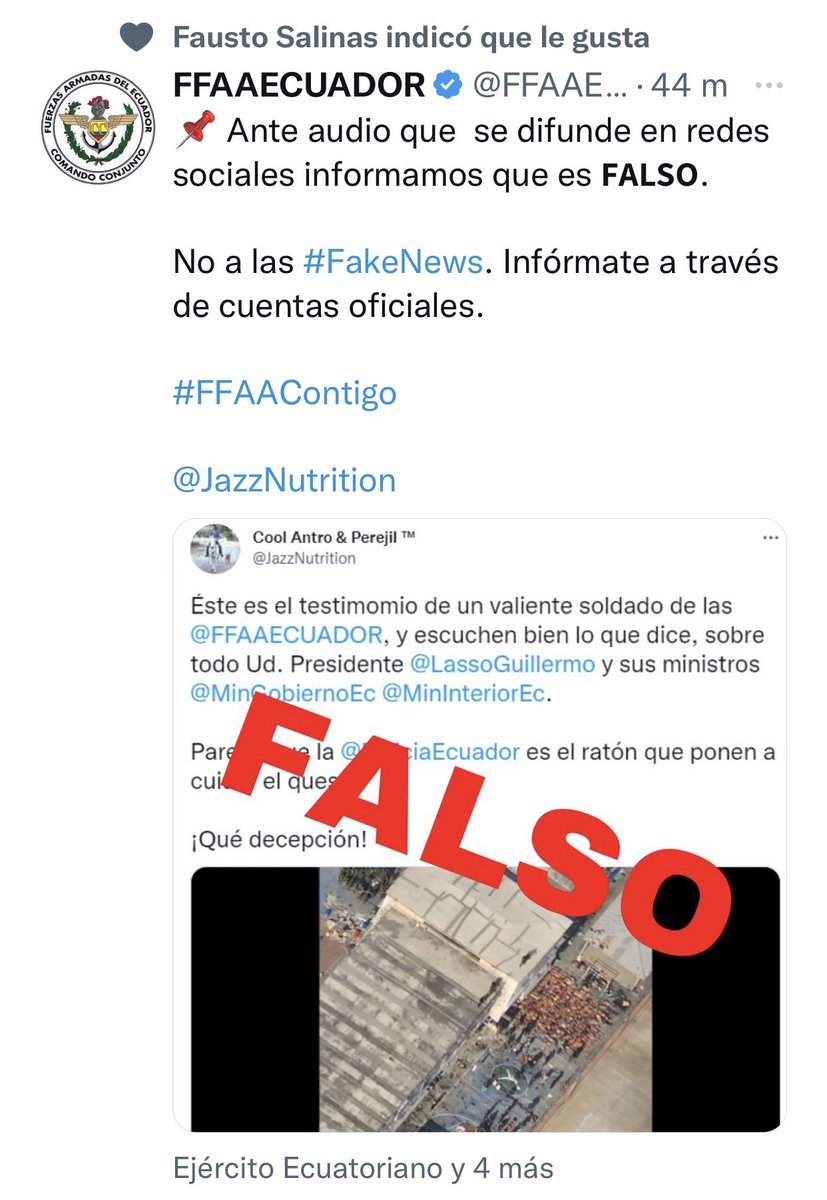 Madday03's tweet photo. @Eduardo43692057 La noticia que están publicando es falsa, buscan dividir a las fuerzas de seguridad y obviamente 🙄 beneficiar a los delincuentes ya se pronunció las FFAA en su cuenta oficial https://t.co/c3gxLsbj1w