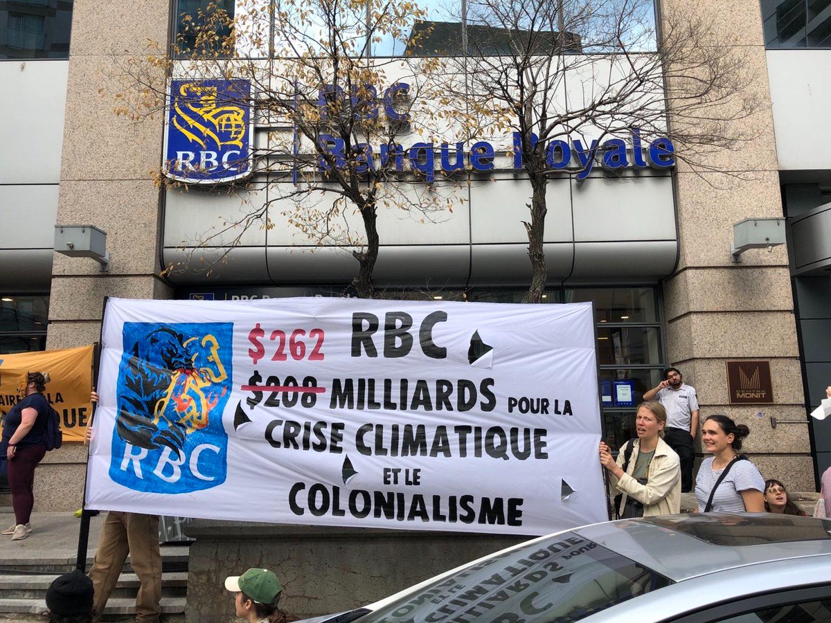 decolonialsol's tweet photo. Activists in #Montreal took to the streets, marching from @mcgillu's RBC on campus branch and ending at @Concordia's. 

@RBC has a habit of installing itself on campuses to fill its talent pipeline, and the unis love it.

#RBCOffCampus #NoMoreDirtyBanks #DefundCGL #KillTheDrill https://t.co/n5EZIsPbri