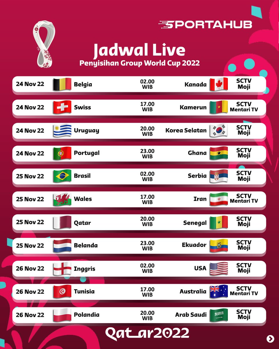 sportahub's tweet photo. Yang ditunggu tunggu!
Jadwal lengkap siaran live penyisihan group piala dunia.

#jadwalbola #jadwalbolatv #jadwalpialadunia #pialadunia2022 #worldcup #worldcup2022 https://t.co/ceubZ1c715